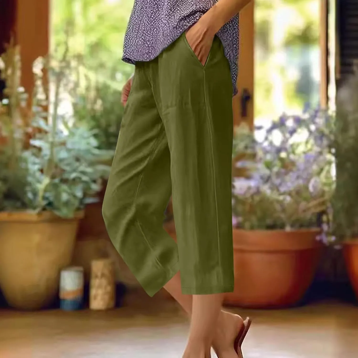 Women's Linen Pants Capri Summer Beach Trousers Straight Leg Trousers High Waisted Elastic Waist Pants for Women