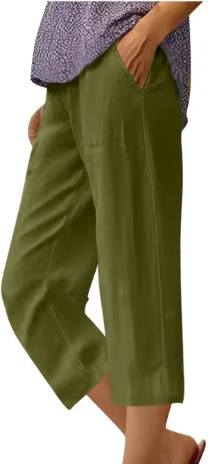 Women's Linen Pants Capri Summer Beach Trousers Straight Leg Trousers High Waisted Elastic Waist Pants for Women