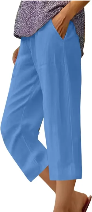 Women's Linen Pants Capri Summer Beach Trousers Straight Leg Trousers High Waisted Elastic Waist Pants for Women