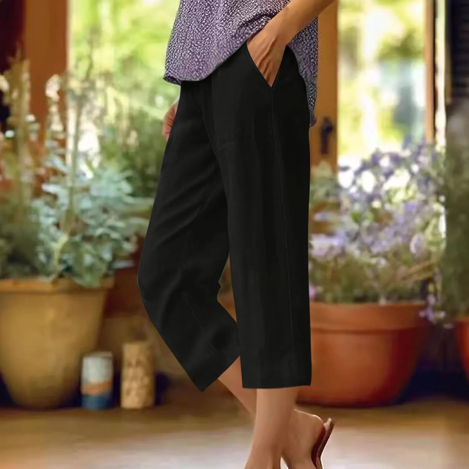Women's Linen Pants Capri Summer Beach Trousers Straight Leg Trousers High Waisted Elastic Waist Pants for Women