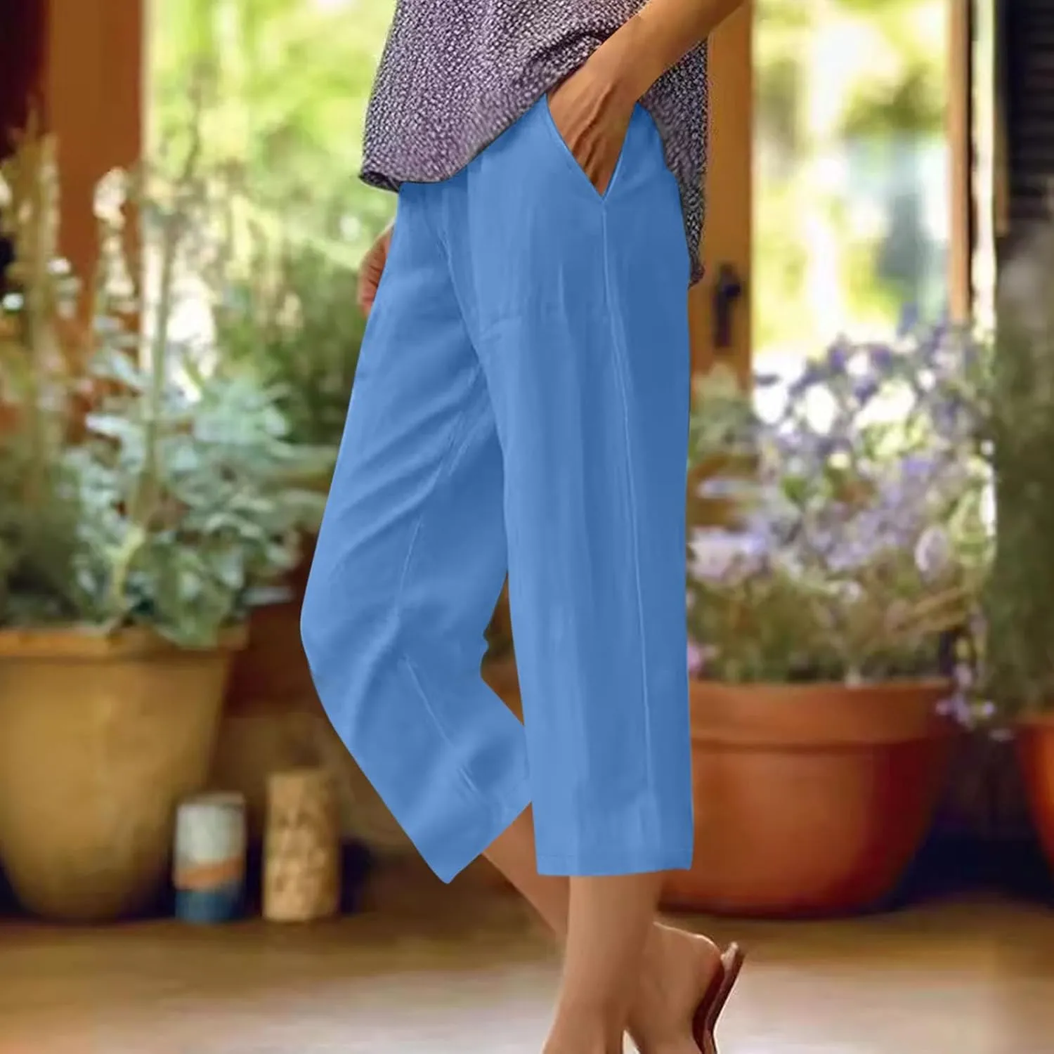 Women's Linen Pants Capri Summer Beach Trousers Straight Leg Trousers High Waisted Elastic Waist Pants for Women