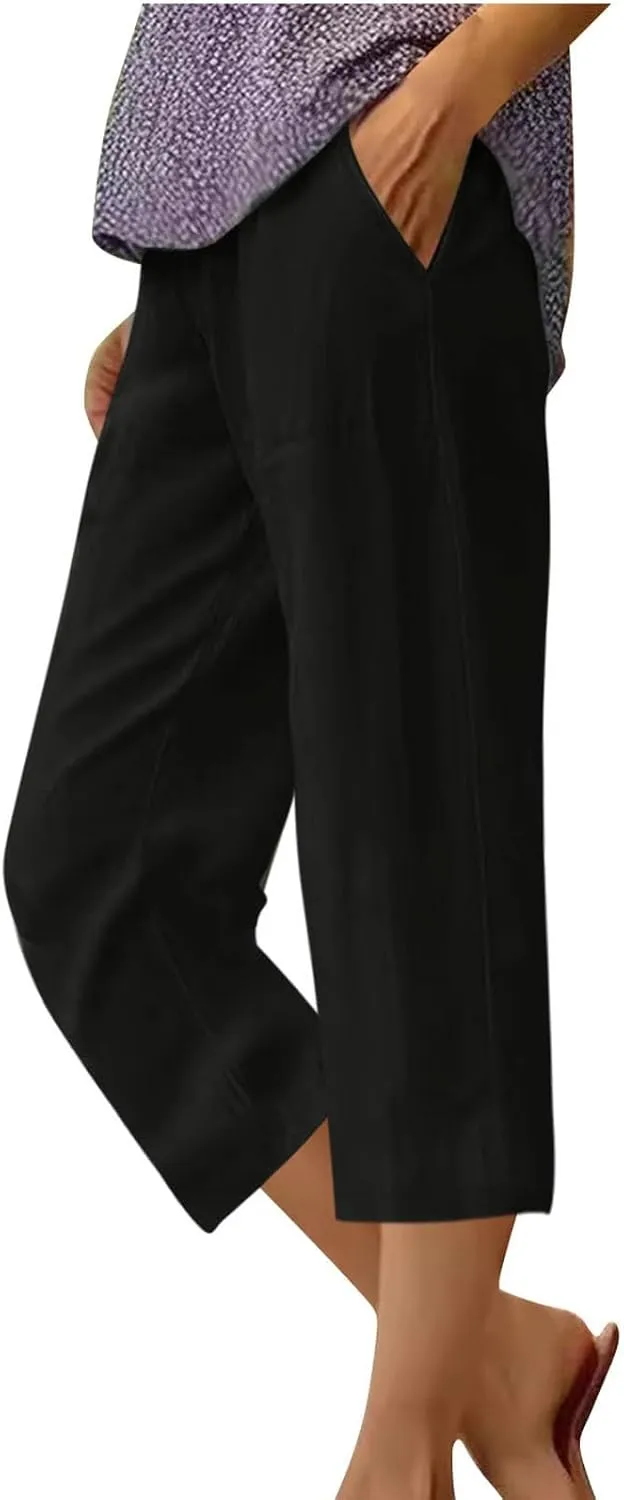 Women's Linen Pants Capri Summer Beach Trousers Straight Leg Trousers High Waisted Elastic Waist Pants for Women