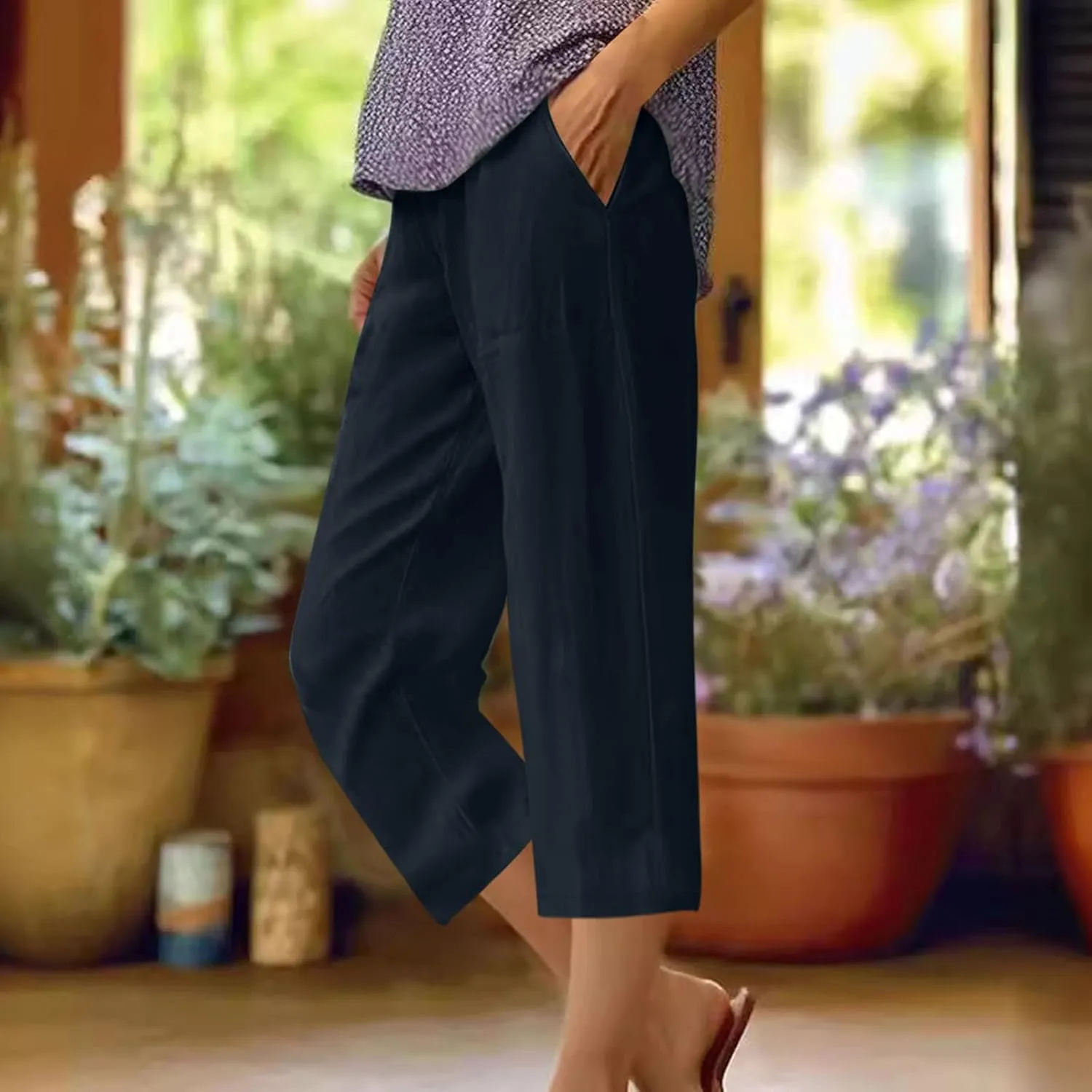 Women's Linen Pants Capri Summer Beach Trousers Straight Leg Trousers High Waisted Elastic Waist Pants for Women