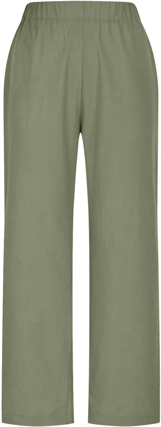 Womens Linen Pants Plus Size High Waist Drawstring Straight Leg Pants Summer Loose Fit Casual Trousers with Pockets