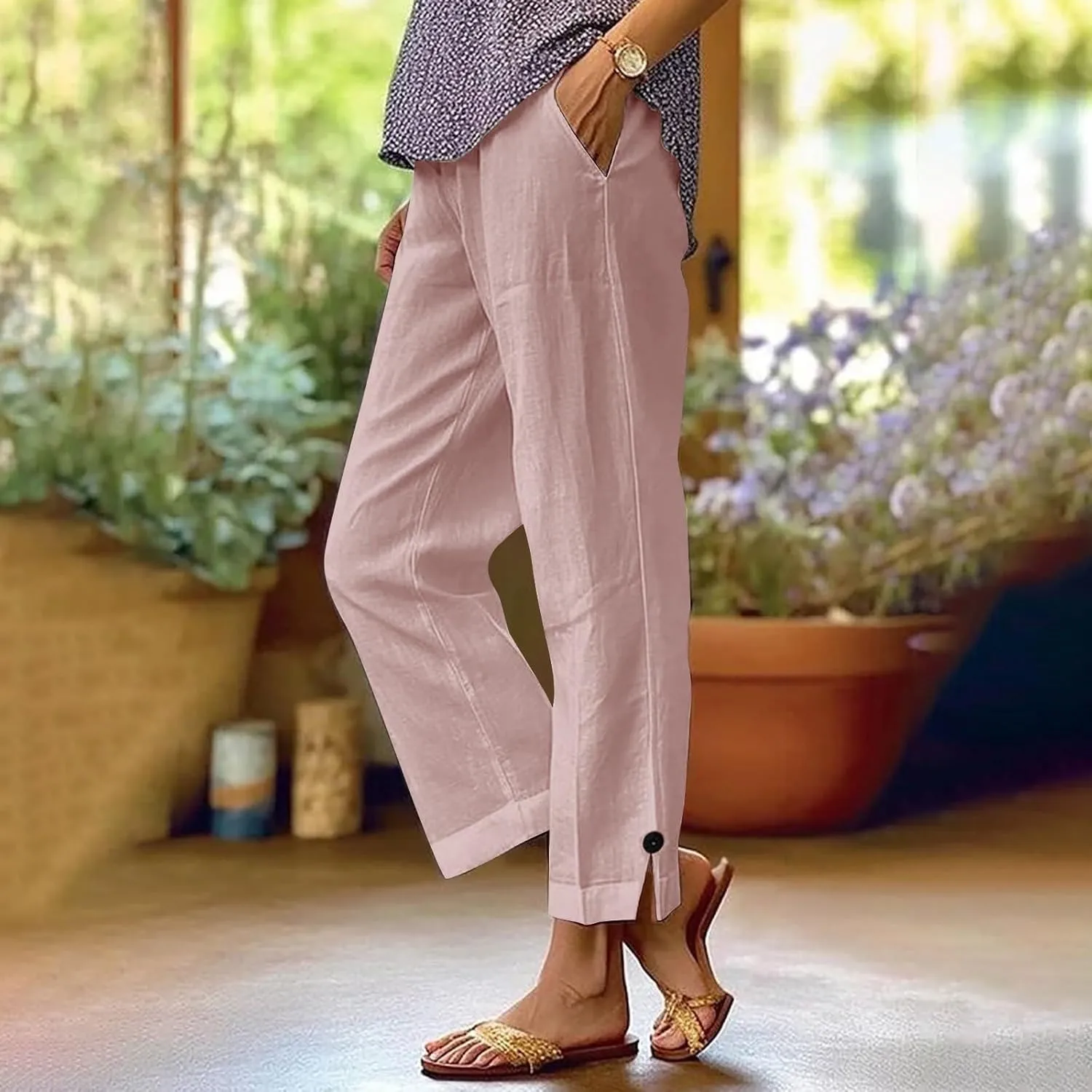 Womens Linen Pants Plus Size High Waist Drawstring Straight Leg Pants Summer Loose Fit Casual Trousers with Pockets