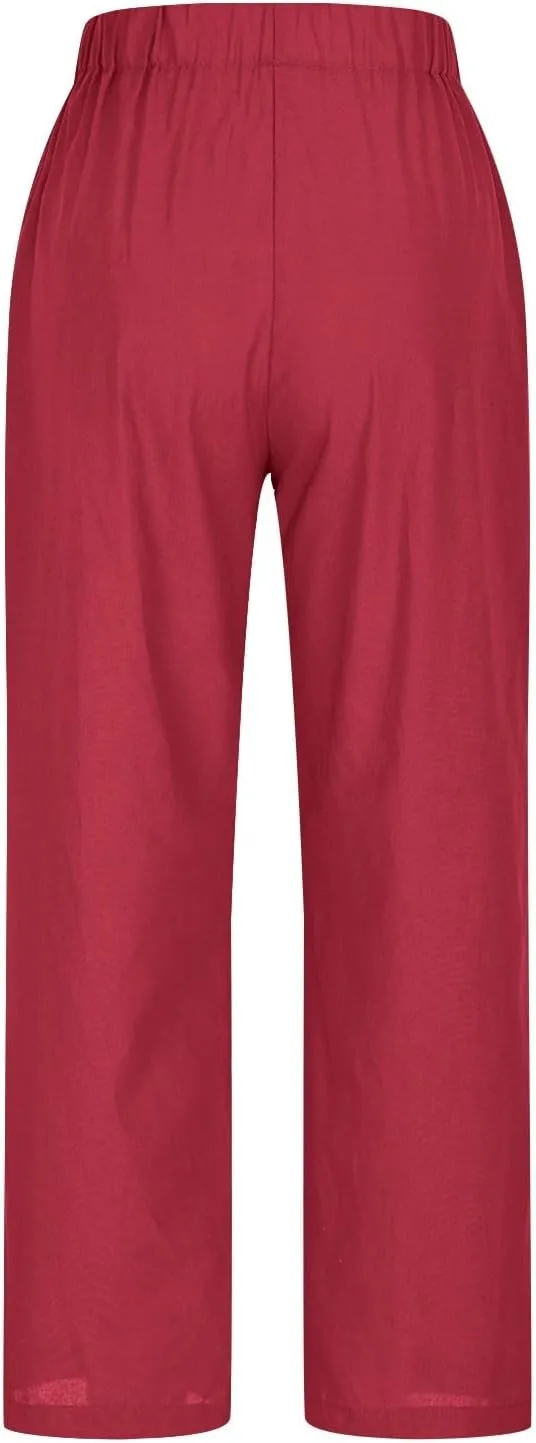 Womens Linen Pants Plus Size High Waist Drawstring Straight Leg Pants Summer Loose Fit Casual Trousers with Pockets