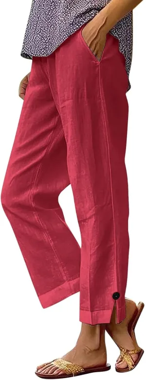Womens Linen Pants Plus Size High Waist Drawstring Straight Leg Pants Summer Loose Fit Casual Trousers with Pockets