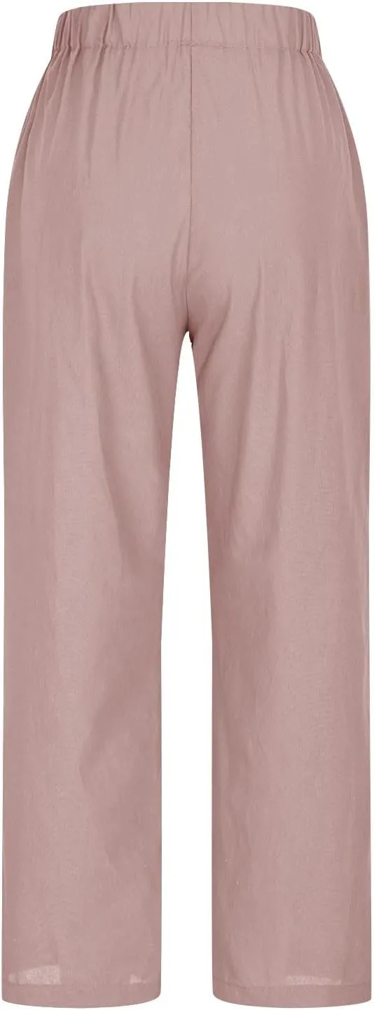 Womens Linen Pants Plus Size High Waist Drawstring Straight Leg Pants Summer Loose Fit Casual Trousers with Pockets
