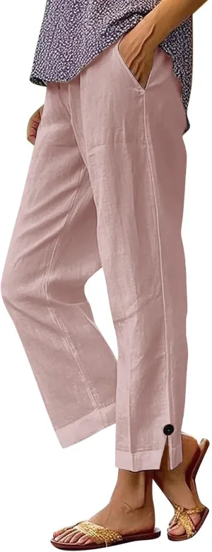 Womens Linen Pants Plus Size High Waist Drawstring Straight Leg Pants Summer Loose Fit Casual Trousers with Pockets
