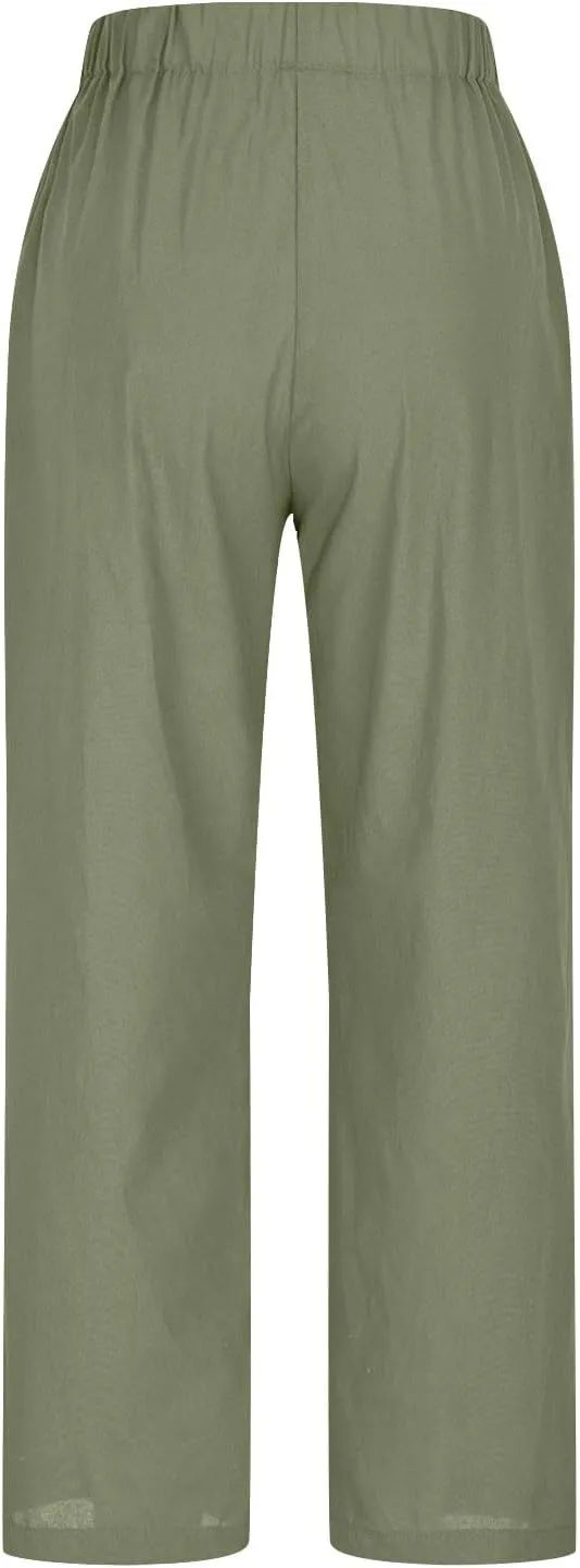 Womens Linen Pants Plus Size High Waist Drawstring Straight Leg Pants Summer Loose Fit Casual Trousers with Pockets