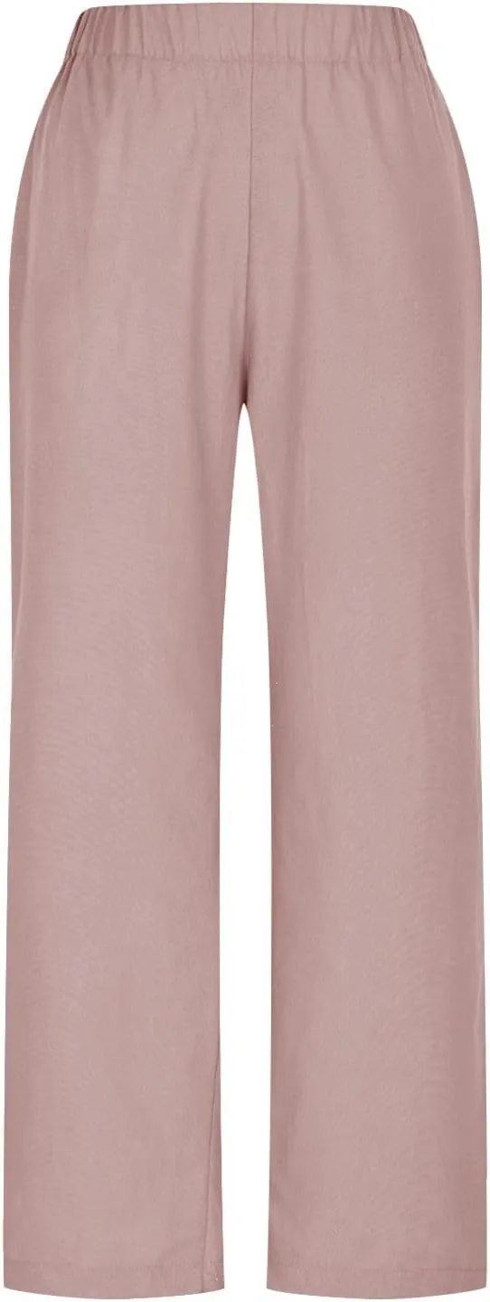 Womens Linen Pants Plus Size High Waist Drawstring Straight Leg Pants Summer Loose Fit Casual Trousers with Pockets
