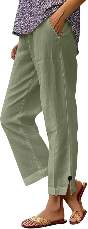 Womens Linen Pants Plus Size High Waist Drawstring Straight Leg Pants Summer Loose Fit Casual Trousers with Pockets