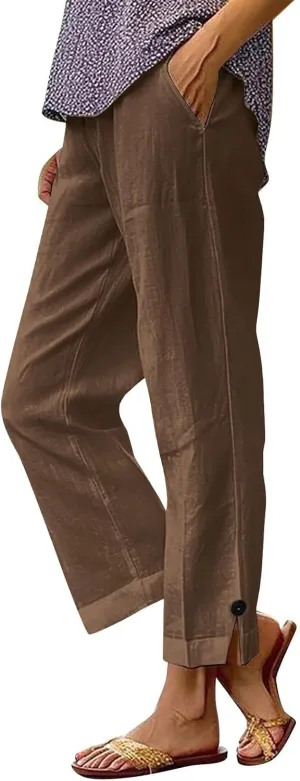 Womens Linen Pants Plus Size High Waist Drawstring Straight Leg Pants Summer Loose Fit Casual Trousers with Pockets