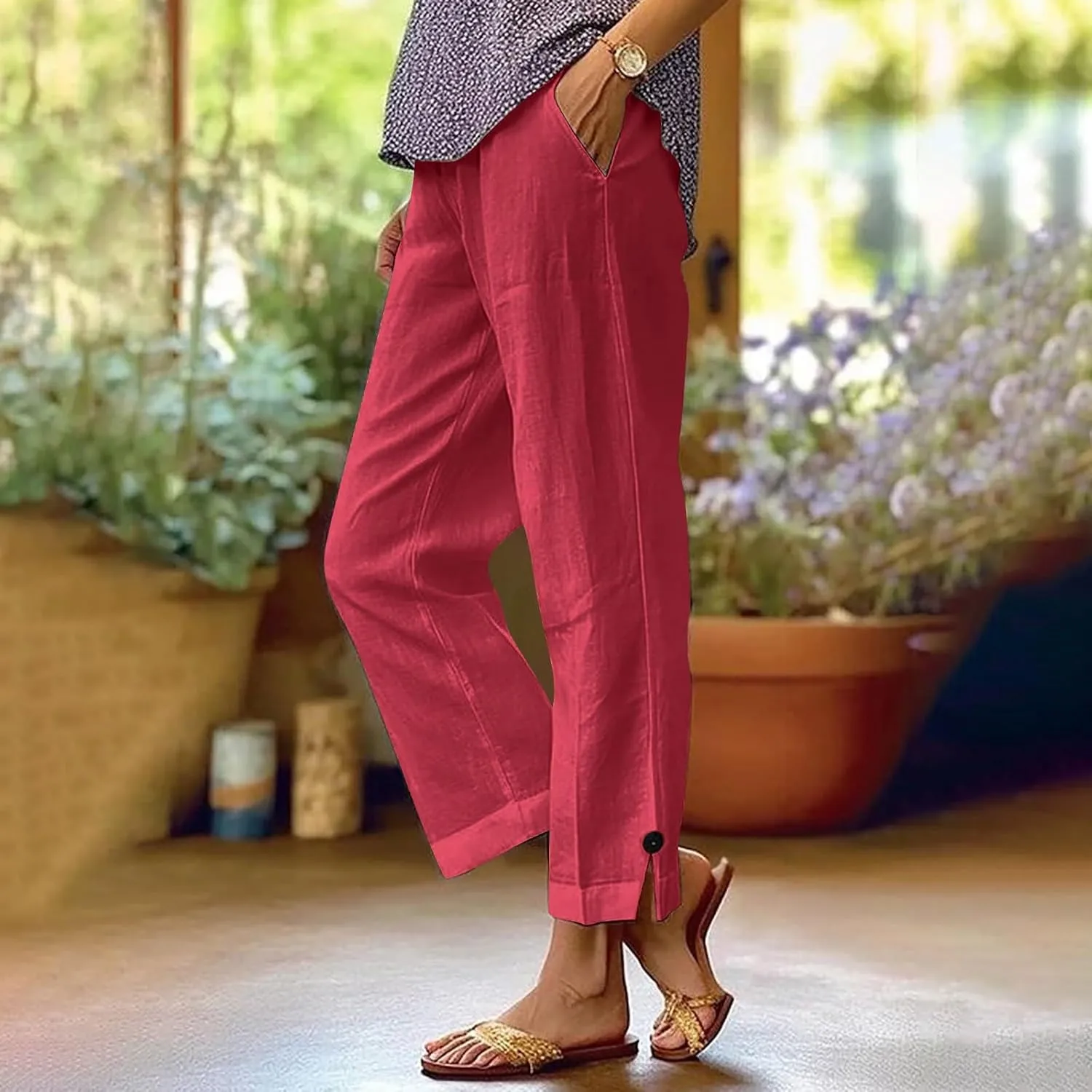 Womens Linen Pants Plus Size High Waist Drawstring Straight Leg Pants Summer Loose Fit Casual Trousers with Pockets