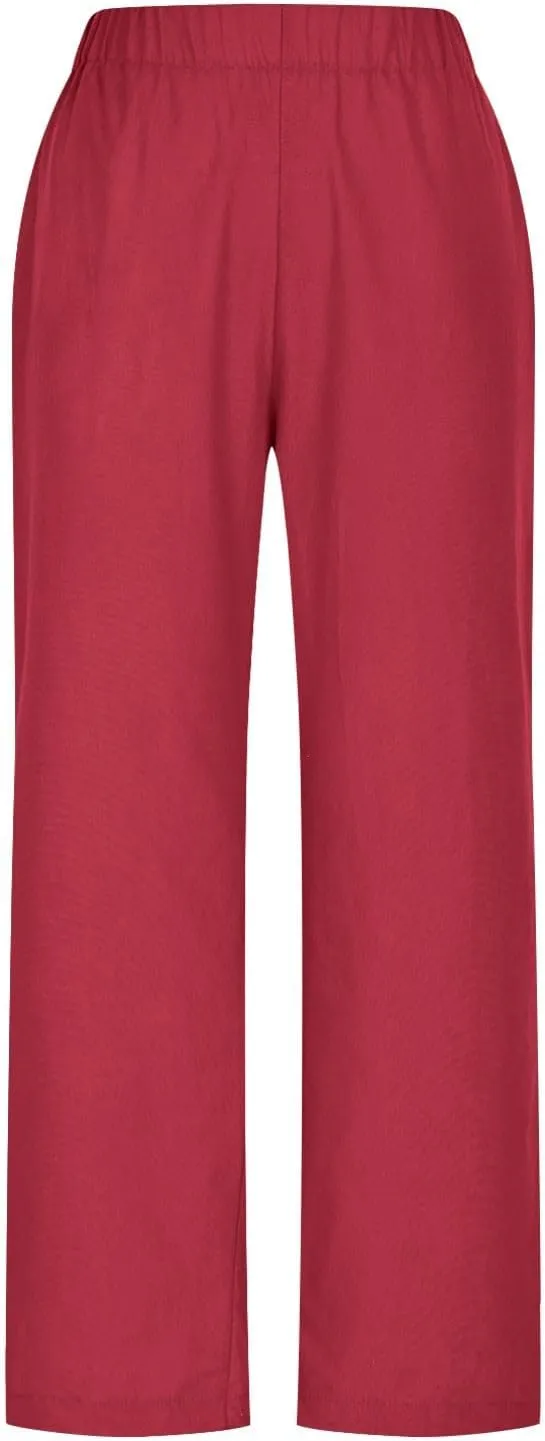 Womens Linen Pants Plus Size High Waist Drawstring Straight Leg Pants Summer Loose Fit Casual Trousers with Pockets