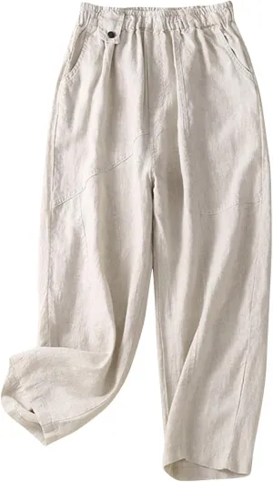 Womens Linen Pants with Pockets High Waisted Elastic Beach Pants Straight Leg Trousers for Women Casual Trousers