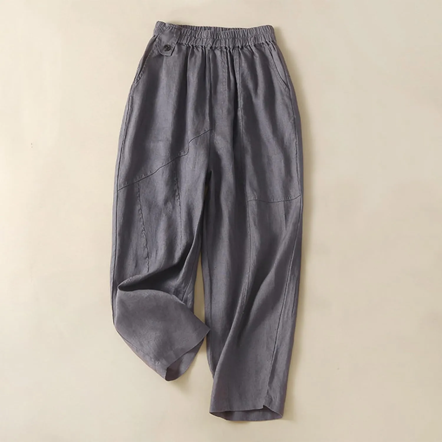 Womens Linen Pants with Pockets High Waisted Elastic Beach Pants Straight Leg Trousers for Women Casual Trousers