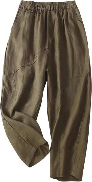 Womens Linen Pants with Pockets High Waisted Elastic Beach Pants Straight Leg Trousers for Women Casual Trousers