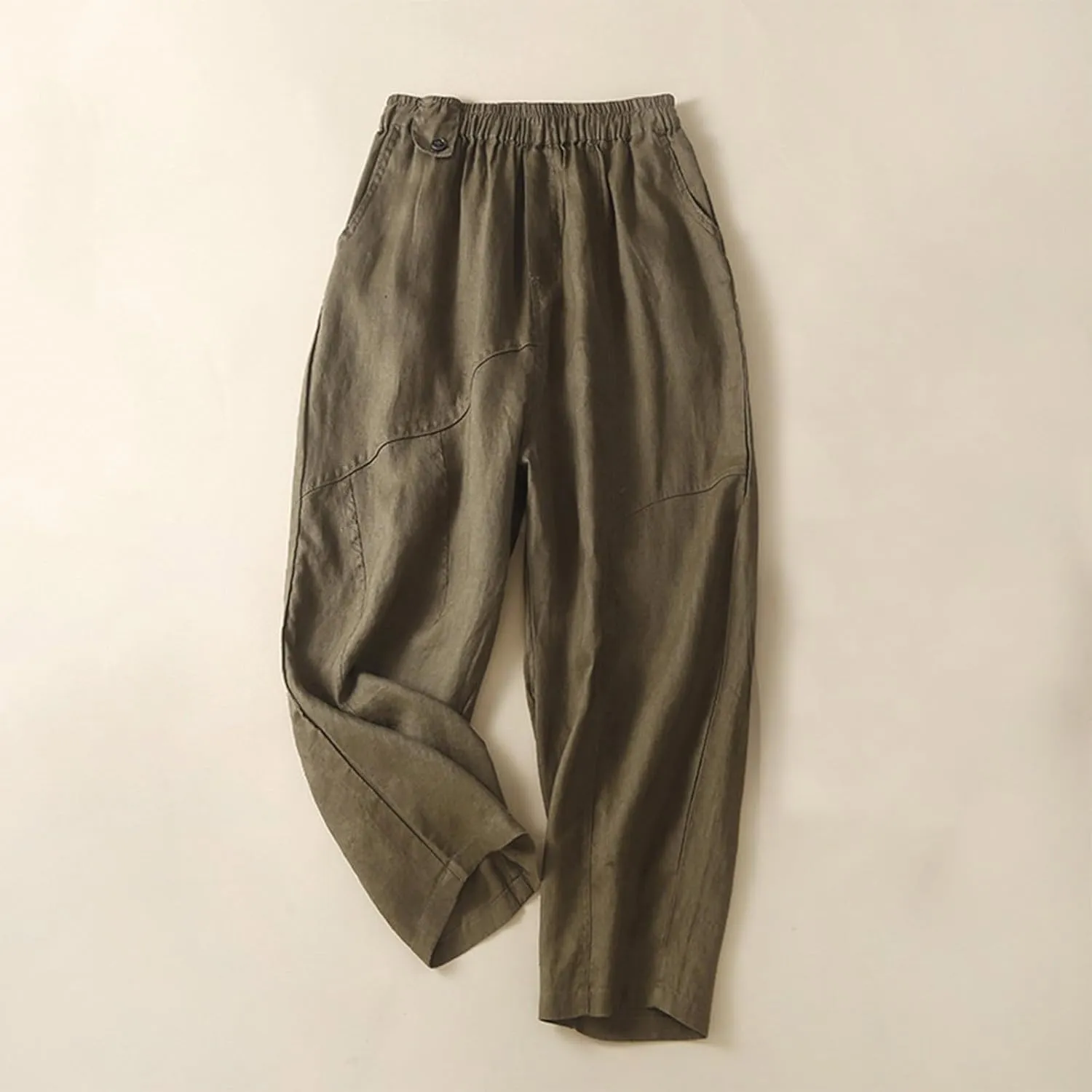 Womens Linen Pants with Pockets High Waisted Elastic Beach Pants Straight Leg Trousers for Women Casual Trousers