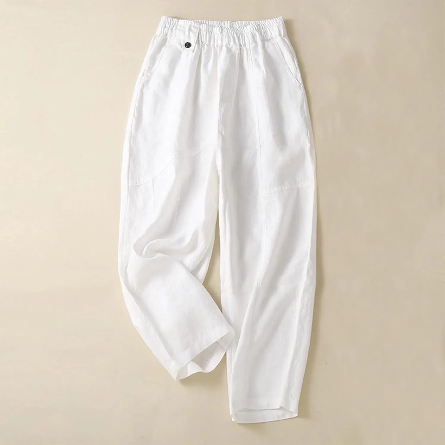 Womens Linen Pants with Pockets High Waisted Elastic Beach Pants Straight Leg Trousers for Women Casual Trousers