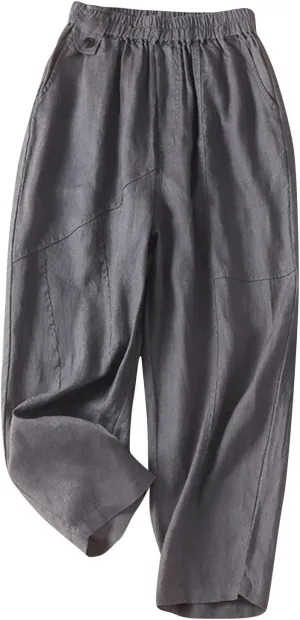 Womens Linen Pants with Pockets High Waisted Elastic Beach Pants Straight Leg Trousers for Women Casual Trousers
