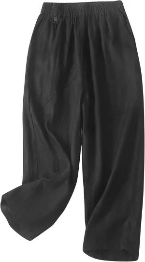 Womens Linen Pants with Pockets High Waisted Elastic Beach Pants Straight Leg Trousers for Women Casual Trousers