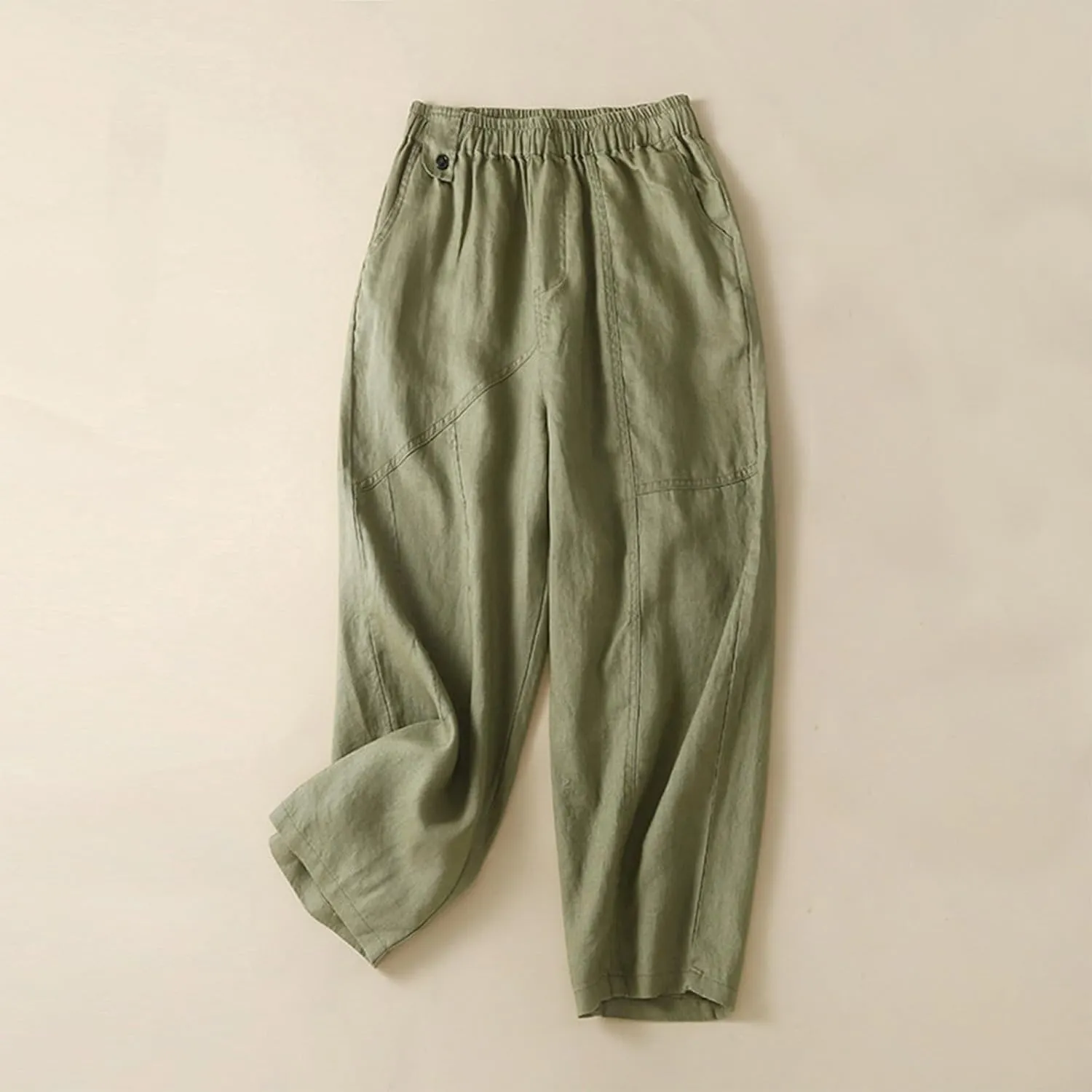 Womens Linen Pants with Pockets High Waisted Elastic Beach Pants Straight Leg Trousers for Women Casual Trousers