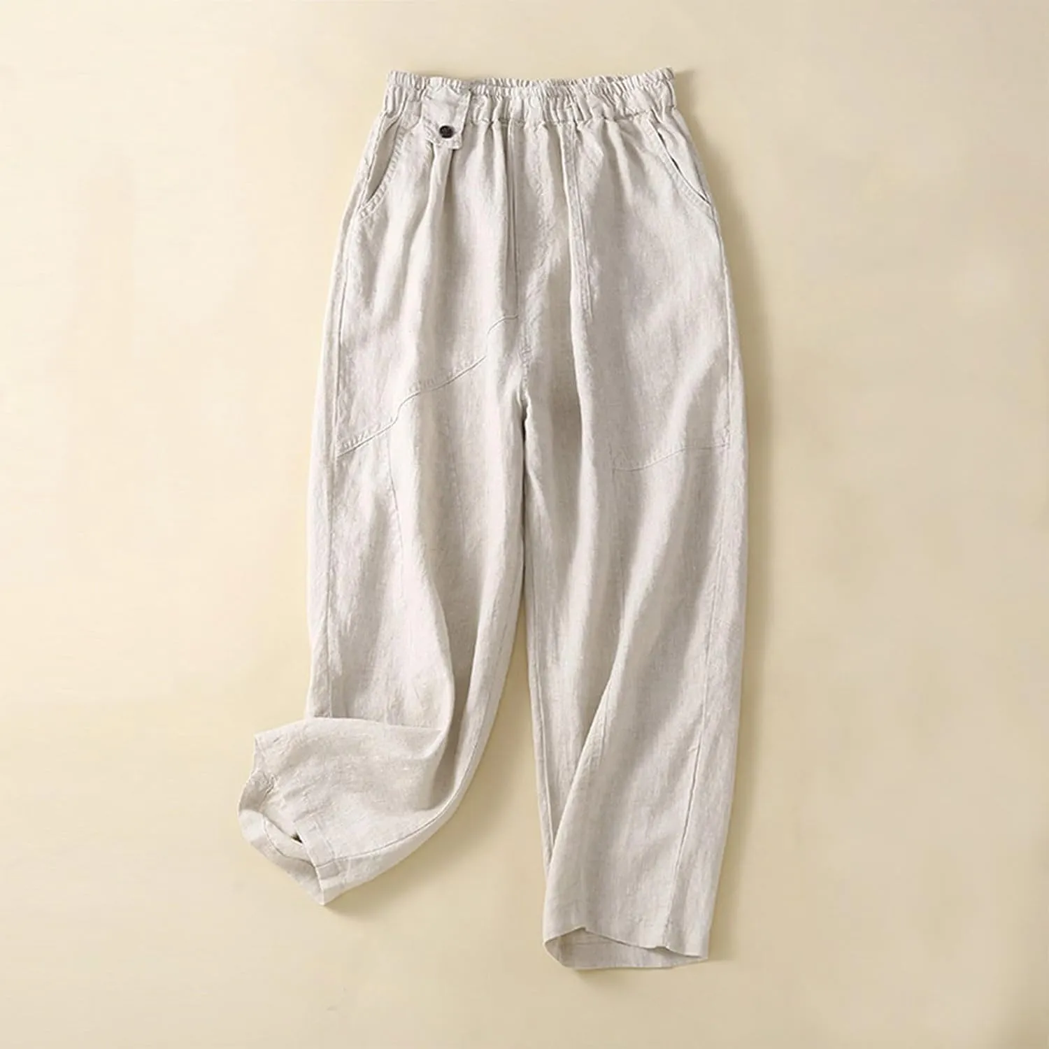 Womens Linen Pants with Pockets High Waisted Elastic Beach Pants Straight Leg Trousers for Women Casual Trousers