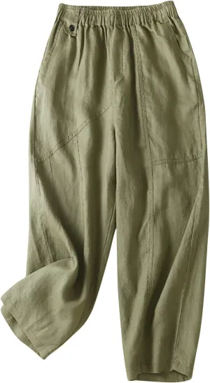 Womens Linen Pants with Pockets High Waisted Elastic Beach Pants Straight Leg Trousers for Women Casual Trousers