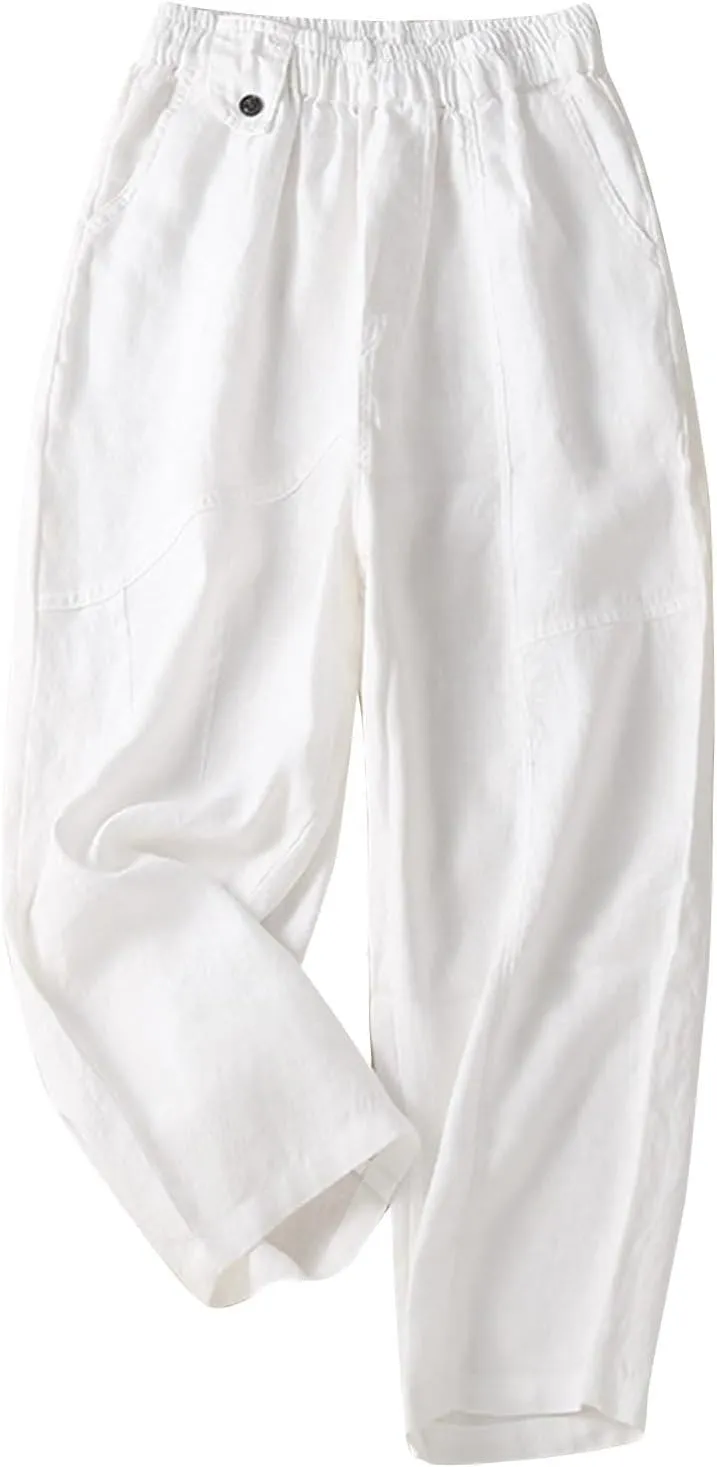 Womens Linen Pants with Pockets High Waisted Elastic Beach Pants Straight Leg Trousers for Women Casual Trousers