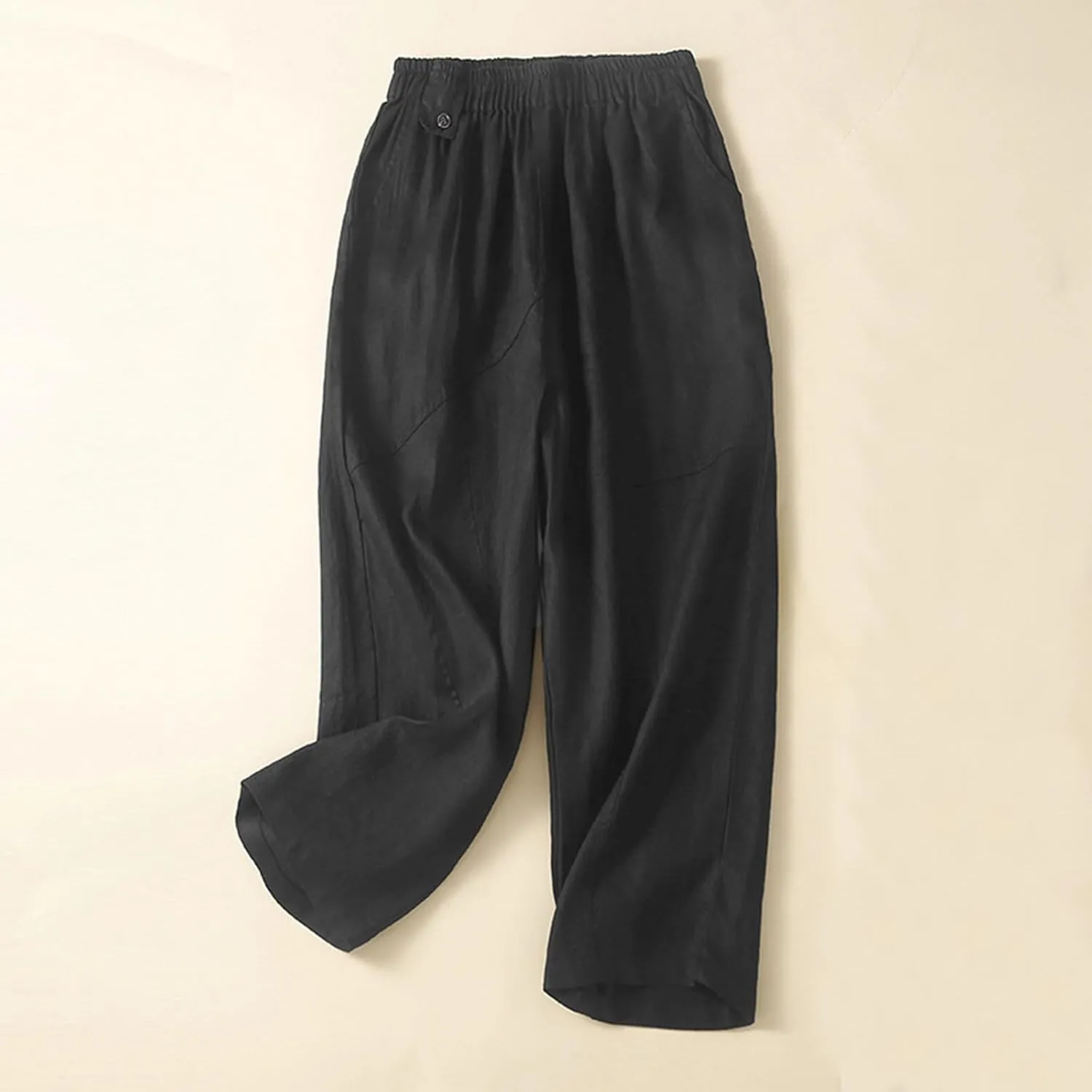 Womens Linen Pants with Pockets High Waisted Elastic Beach Pants Straight Leg Trousers for Women Casual Trousers
