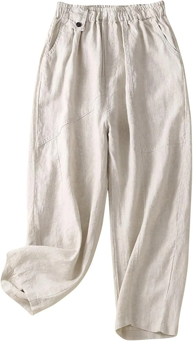 Womens Linen Pants with Pockets High Waisted Elastic Beach Pants Straight Leg Trousers for Women Casual Trousers