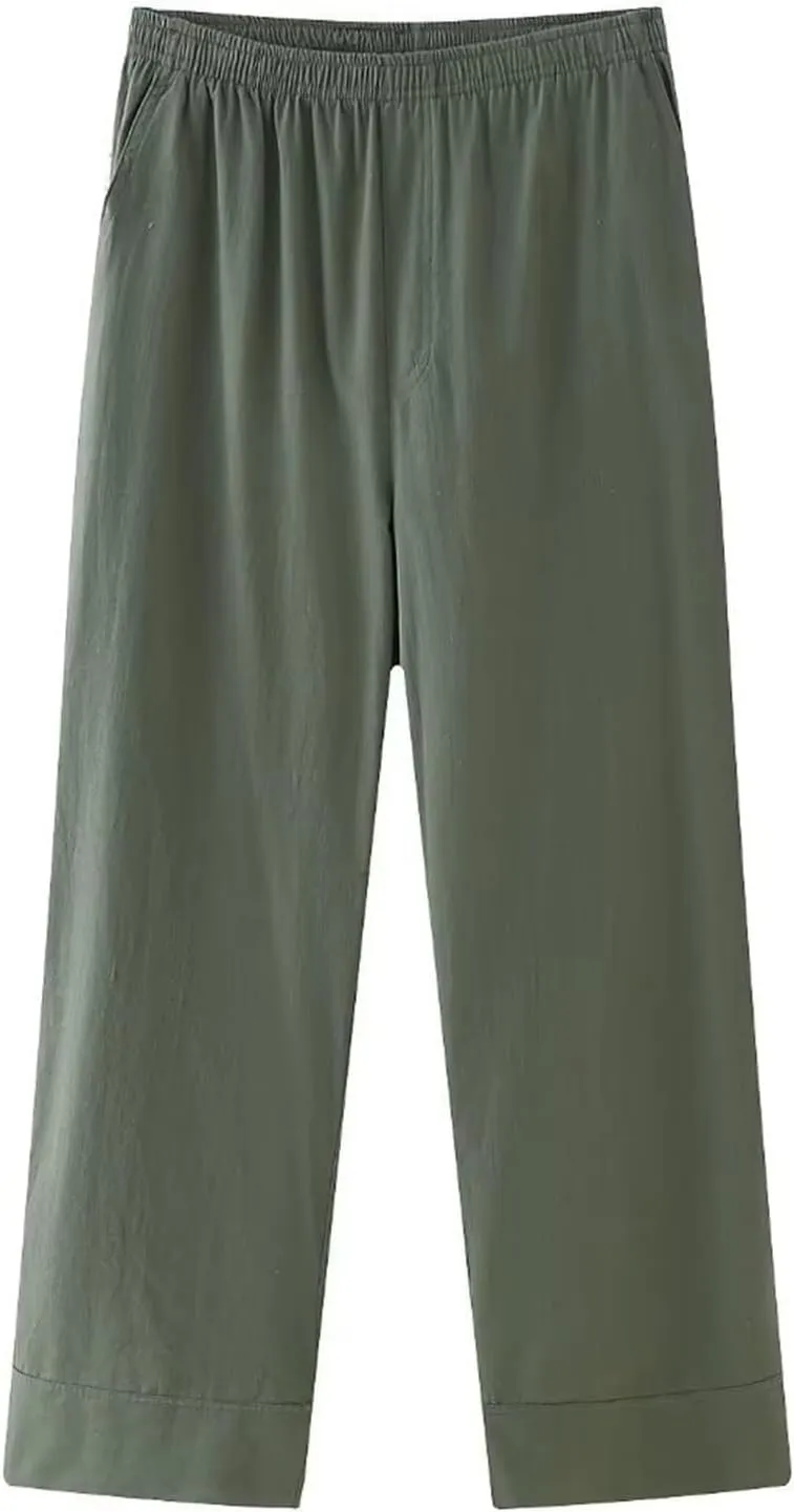 Womens Linen Pants with Pockets High Waisted Palazzo Pants Belted Straight Leg Trousers 2025 Summer Beach Trousers