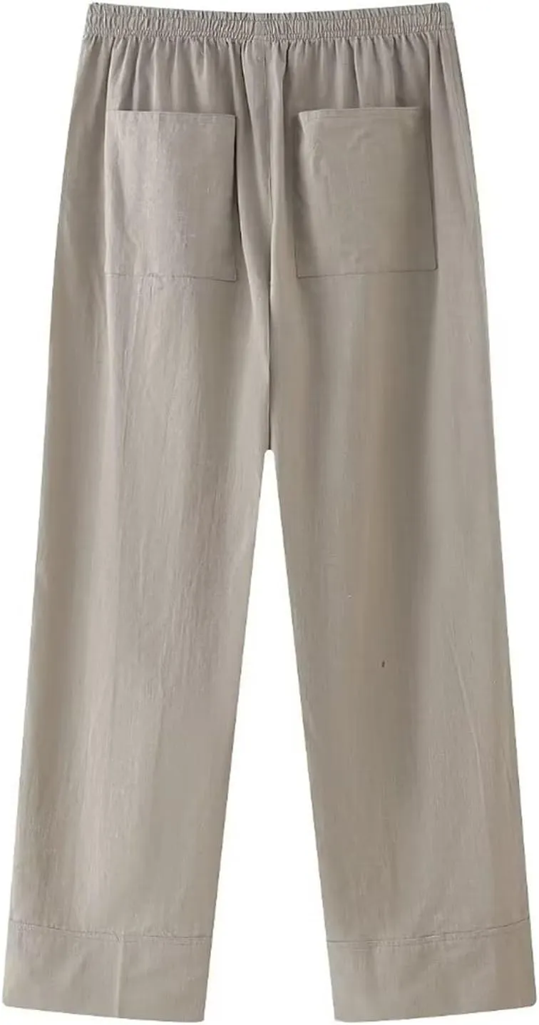 Womens Linen Pants with Pockets High Waisted Palazzo Pants Belted Straight Leg Trousers 2025 Summer Beach Trousers