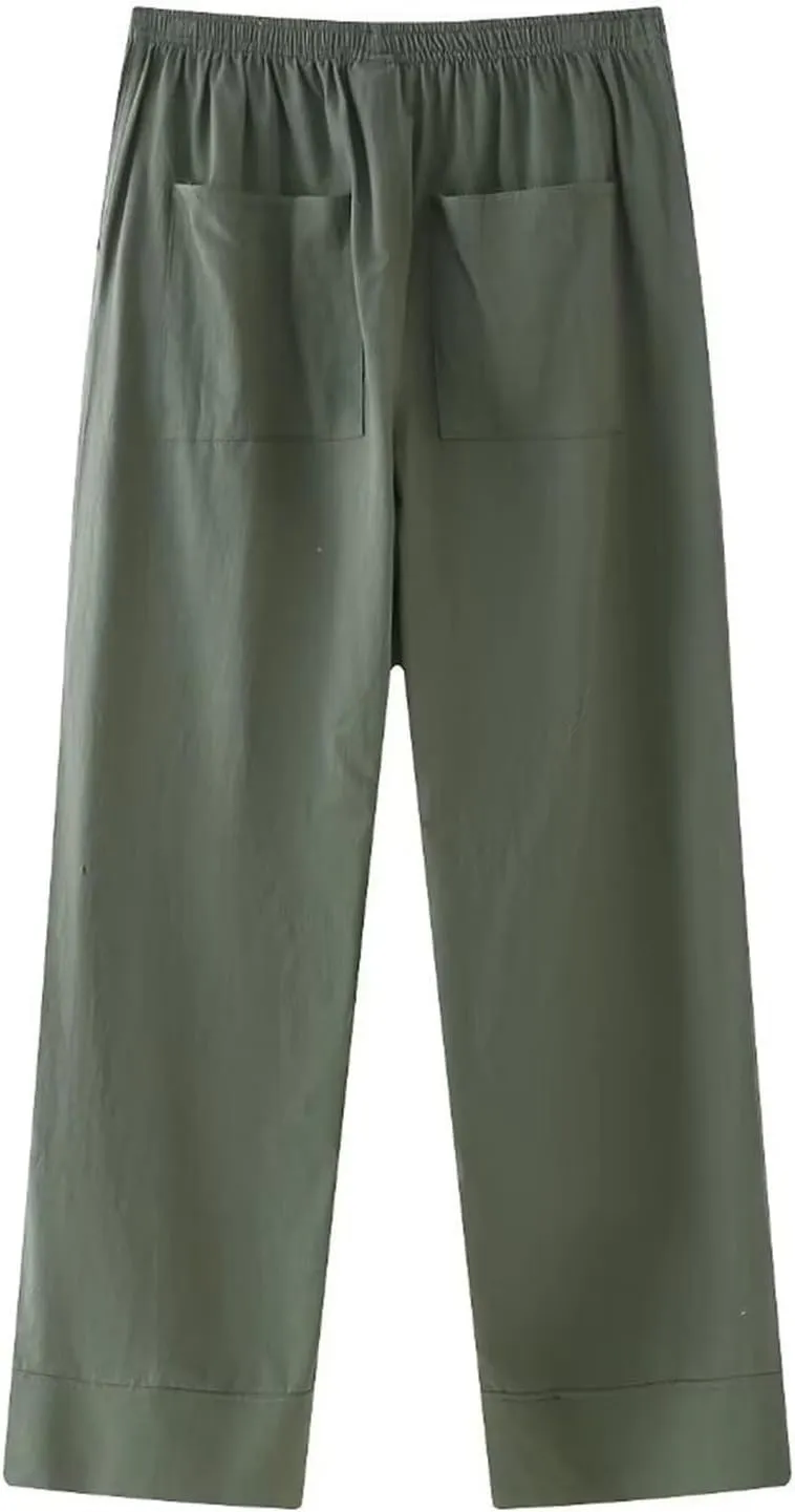 Womens Linen Pants with Pockets High Waisted Palazzo Pants Belted Straight Leg Trousers 2025 Summer Beach Trousers