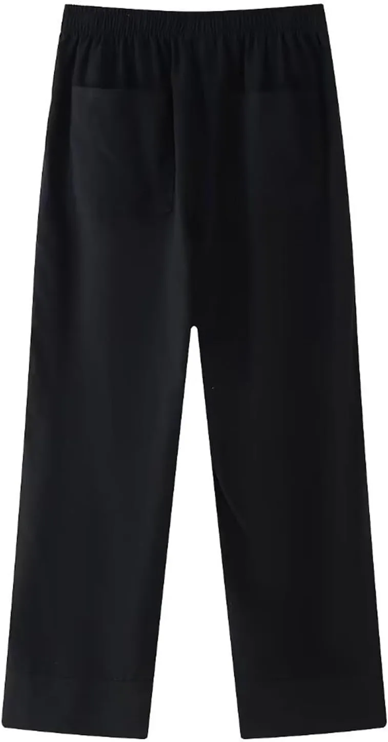 Womens Linen Pants with Pockets High Waisted Palazzo Pants Belted Straight Leg Trousers 2025 Summer Beach Trousers