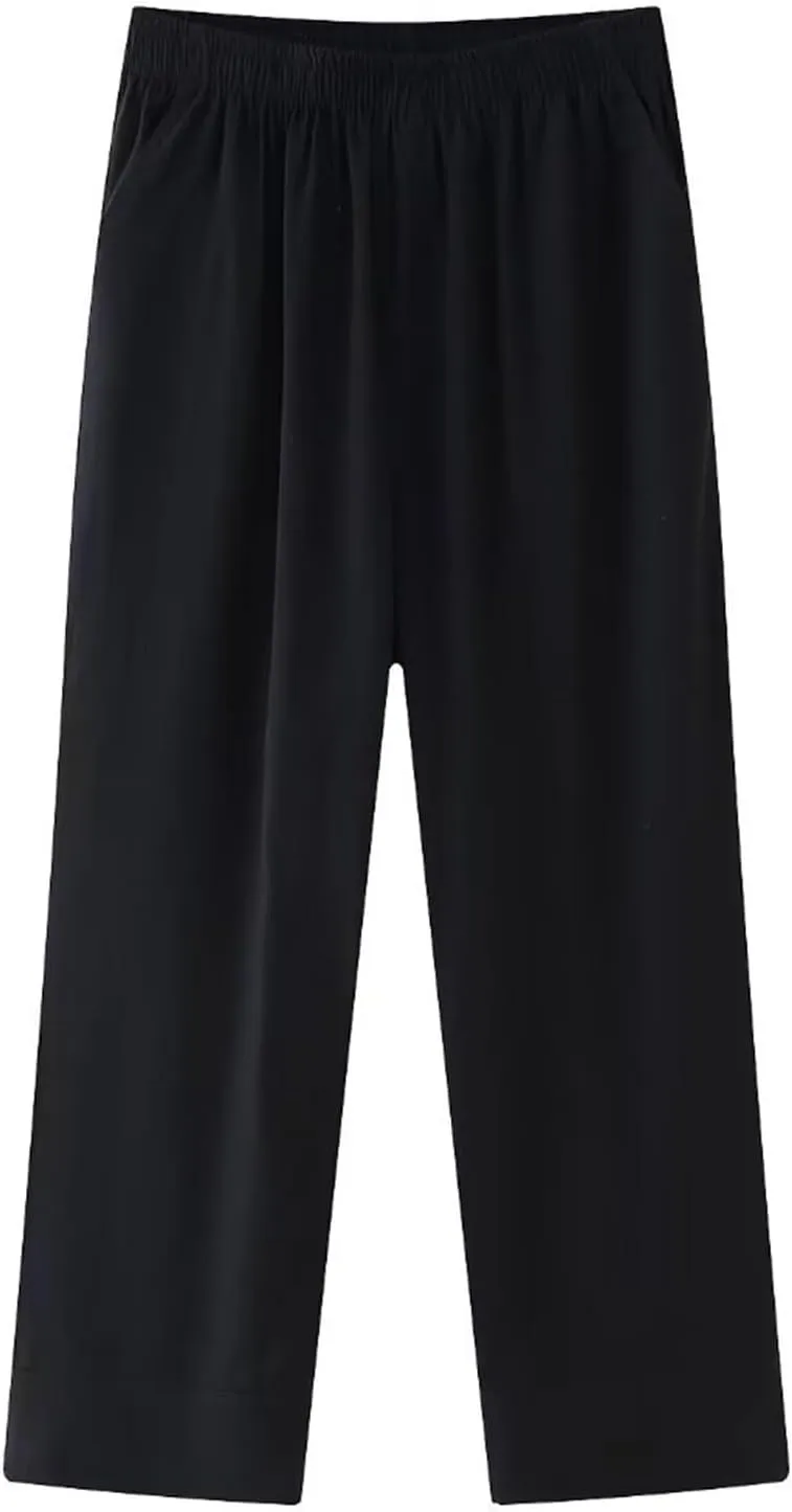 Womens Linen Pants with Pockets High Waisted Palazzo Pants Belted Straight Leg Trousers 2025 Summer Beach Trousers