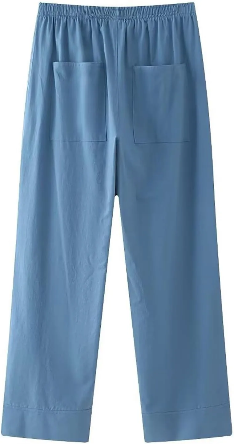 Womens Linen Pants with Pockets High Waisted Palazzo Pants Belted Straight Leg Trousers 2025 Summer Beach Trousers