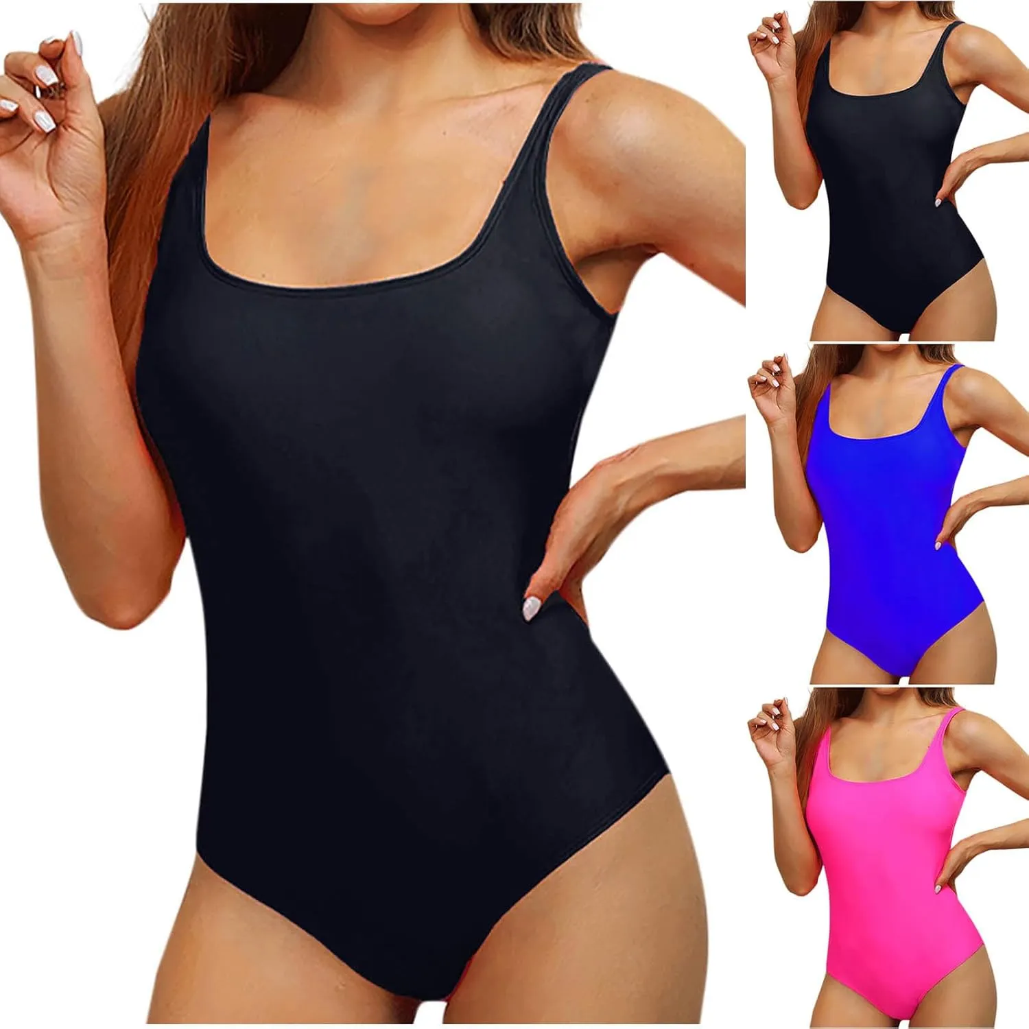 Women's One Piece Square Neck Swimsuits Backless Tummy Control Athletic Swimwear Bikini Solid Sport Bathing Suits