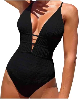 Women's One Piece Swimsuit Tummy Control Slimming Bathing Suits V Neck Cut Out Cross Backless Swimwear Sexy Monokini
