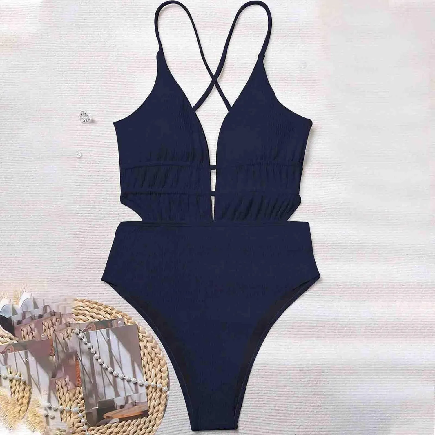 Women's One Piece Swimsuit Tummy Control Slimming Bathing Suits V Neck Cut Out Cross Backless Swimwear Sexy Monokini