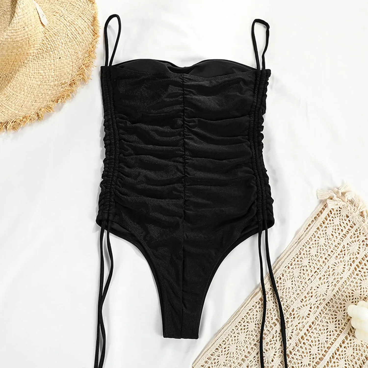 Women's One Piece Swimsuits Tummy Control Tie Knot Ruched Monokini Cheeky High Cut Spaghetti Strap Bathing Suits 2025
