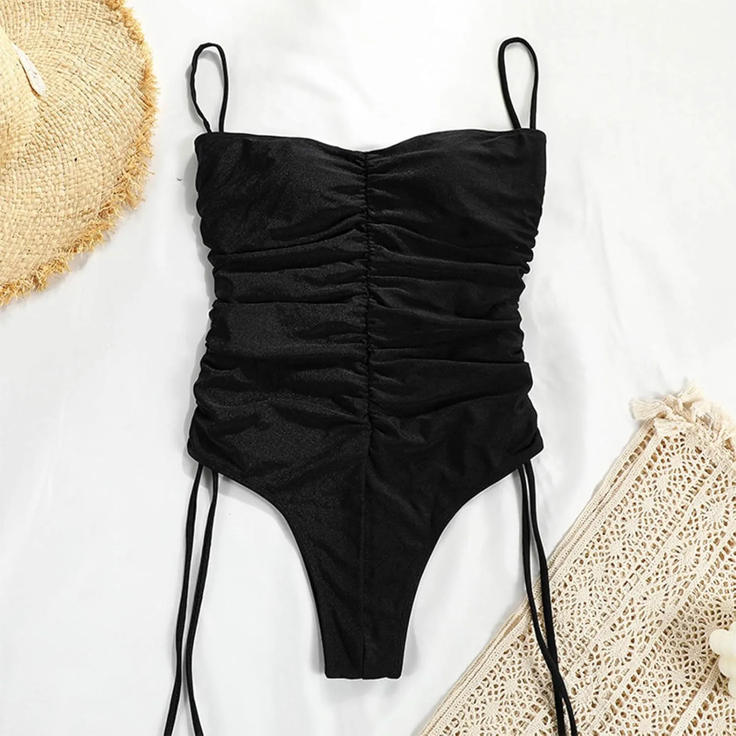 Women's One Piece Swimsuits Tummy Control Tie Knot Ruched Monokini Cheeky High Cut Spaghetti Strap Bathing Suits 2025