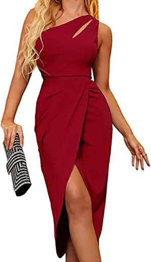 Women's One Shoulder Ruched Backless Bodycon Dress Summer Cutout Slit Wrap Party Cocktail Midi Dresses