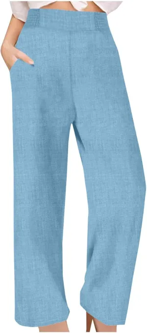 Womens Petite Wide Leg Pants Casual Summer Dress Pant High Waist Straight Trousers Joggers Slacks Outfits with Pockets