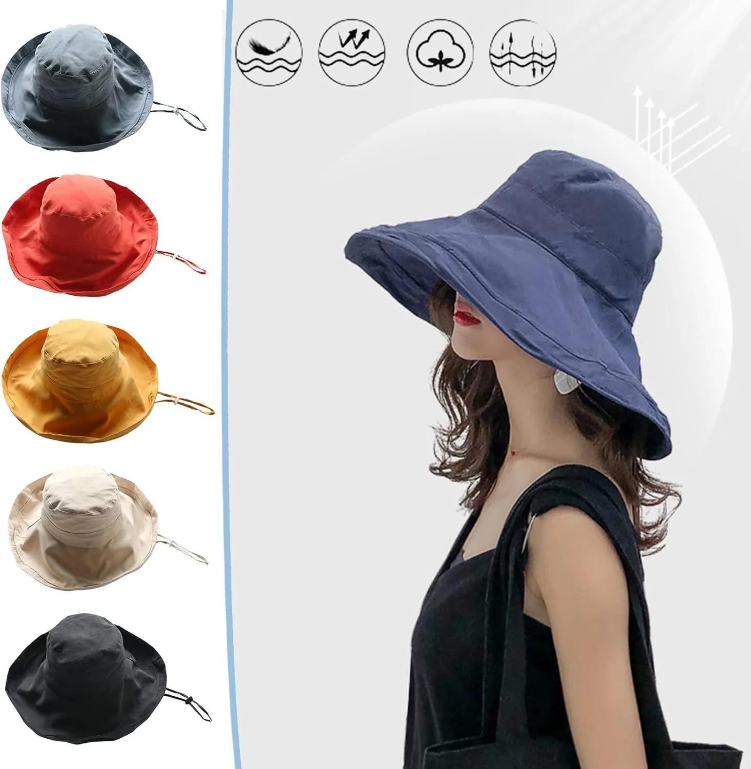 Womens Rollable Cloche Bucket Hats Cotton Wide Brim Travel Sun Hats Vintage Fisherman Cap UPF50  Packable Beach Hat