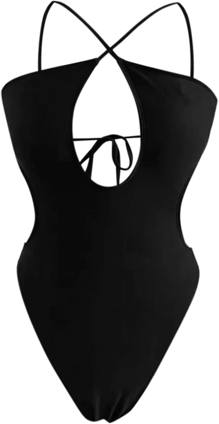 Women's Sexy One Piece Swimsuit Criss Cross Halter Bathing Suit Plunge Neck Cut Out Backless Thong Swimwear