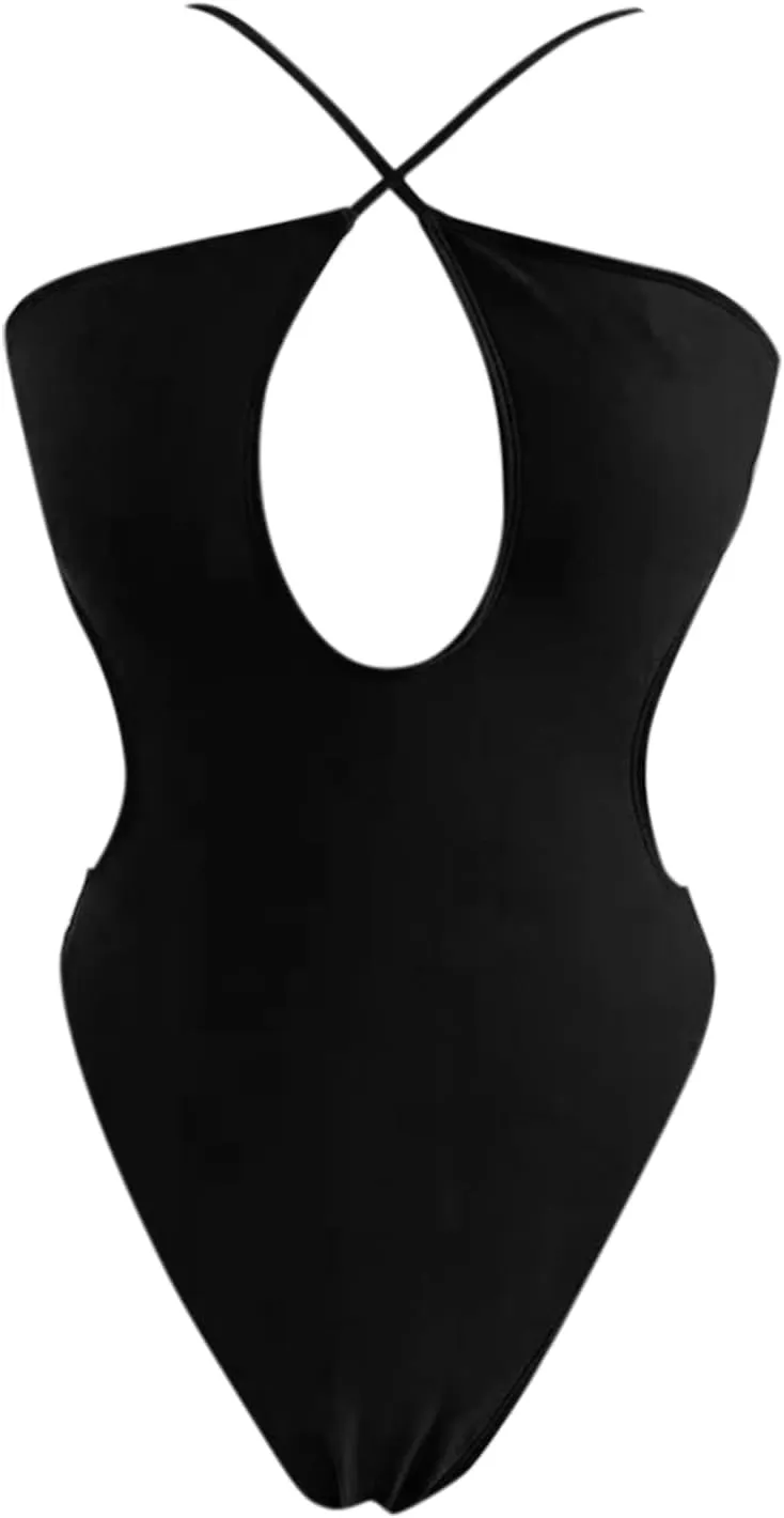 Women's Sexy One Piece Swimsuit Criss Cross Halter Bathing Suit Plunge Neck Cut Out Backless Thong Swimwear