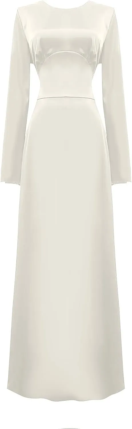 Women's Slip Satin Maxi Dress Elegant Empire Waist Long Dress Full Length Abaya Kaftan Dresses Islamic Robe Dresses