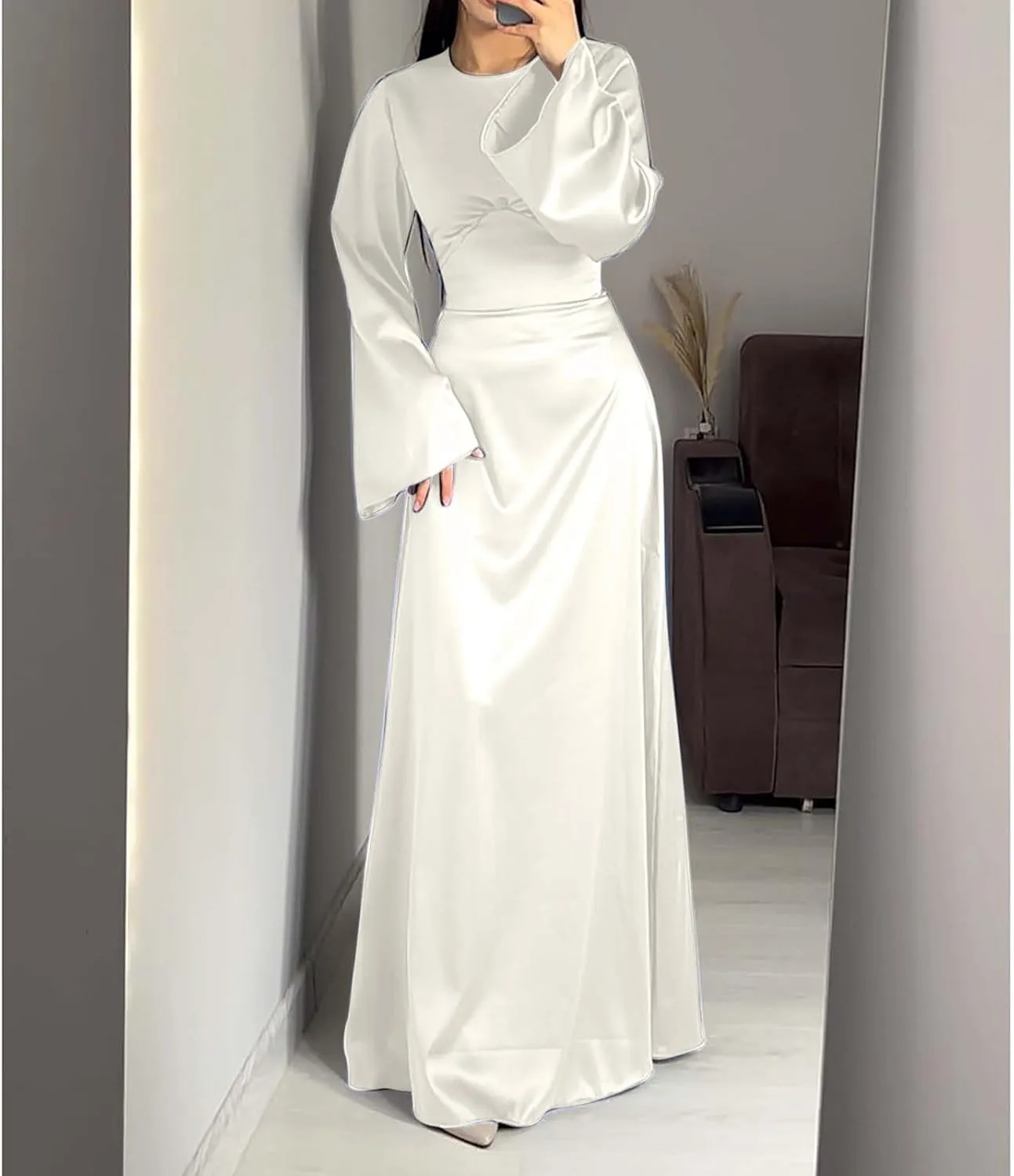 Women's Slip Satin Maxi Dress Elegant Empire Waist Long Dress Full Length Abaya Kaftan Dresses Islamic Robe Dresses